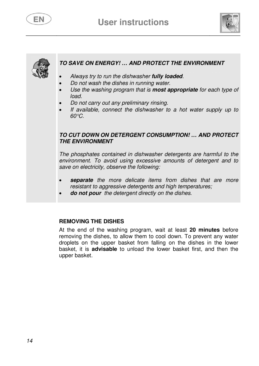 Smeg KLS55B instruction manual To Save on ENERGY! … and Protect the Environment, Removing the Dishes 