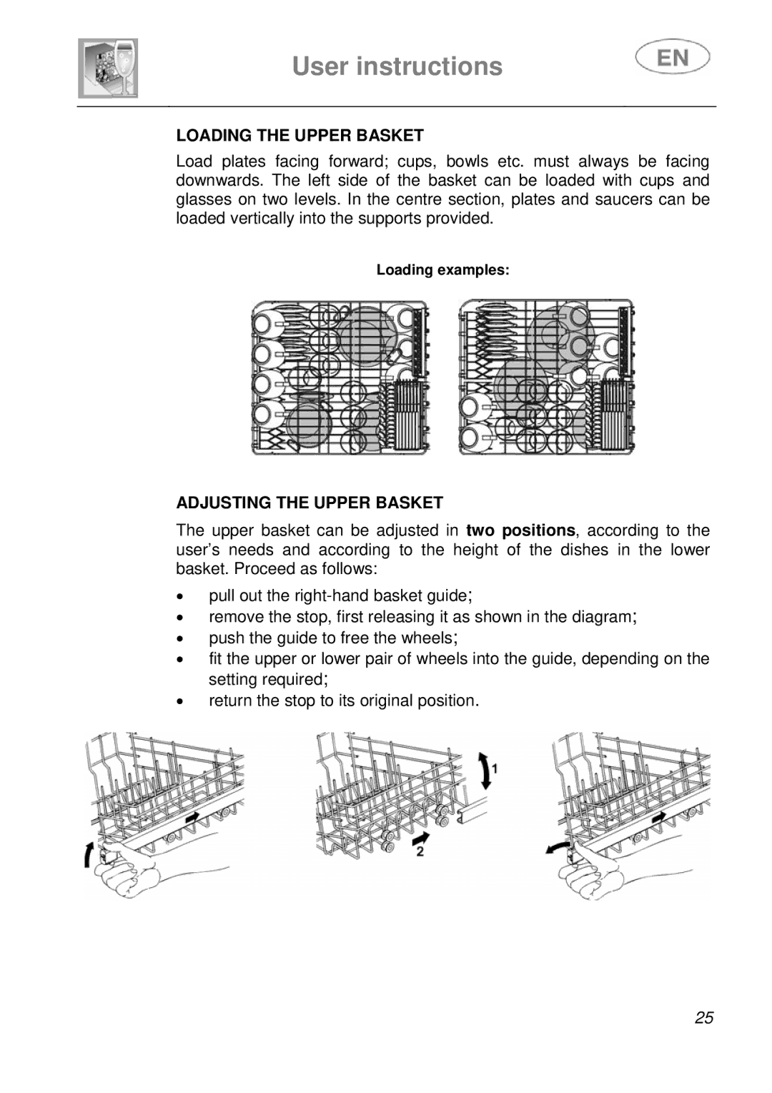 Smeg KLS55B instruction manual Loading the Upper Basket, Adjusting the Upper Basket 