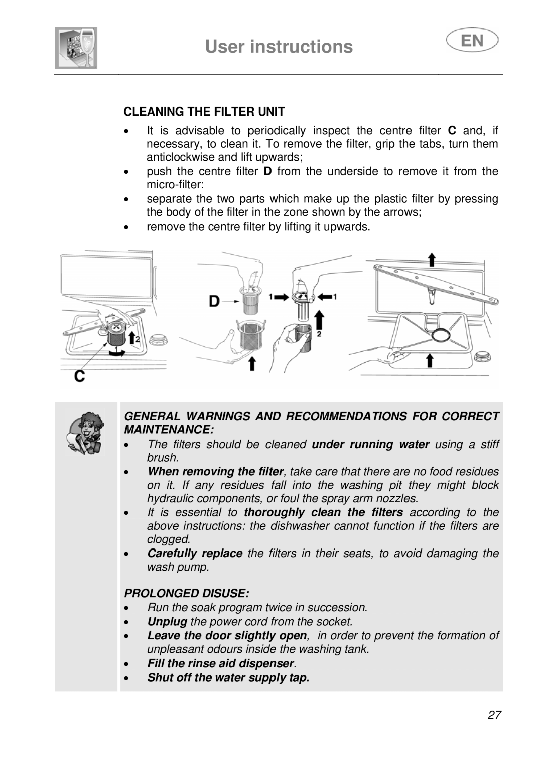 Smeg KLS55B instruction manual Cleaning the Filter Unit, Prolonged Disuse 