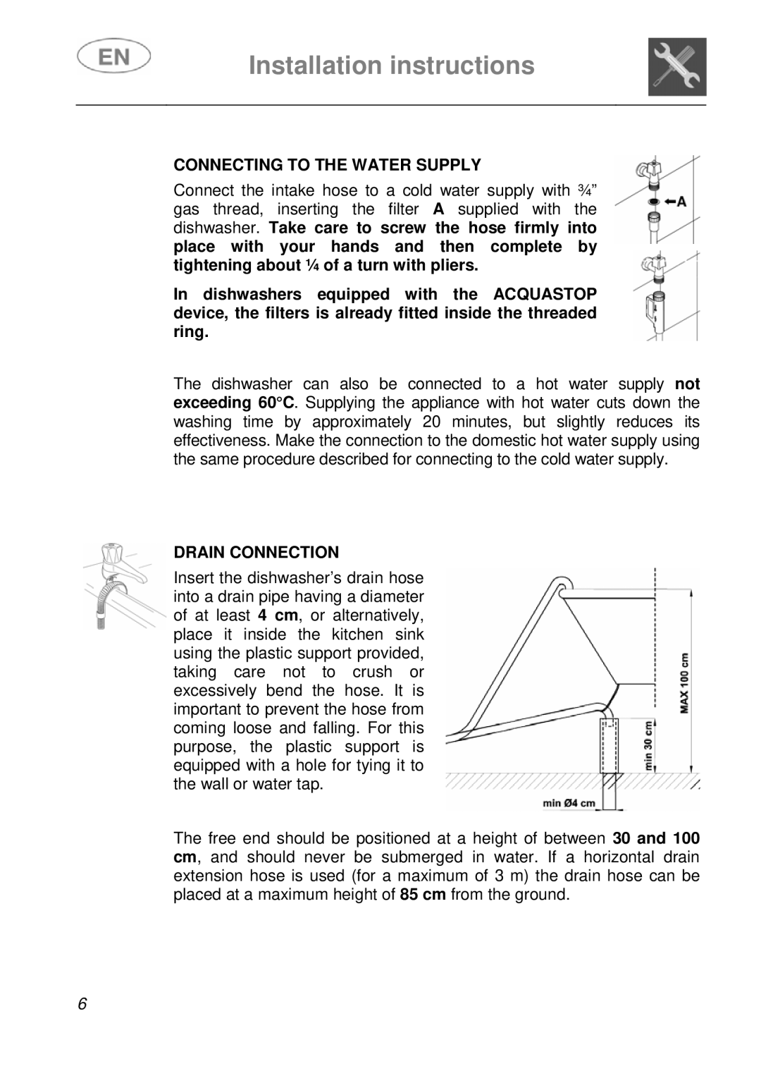 Smeg KLS55B instruction manual Connecting to the Water Supply, Drain Connection 