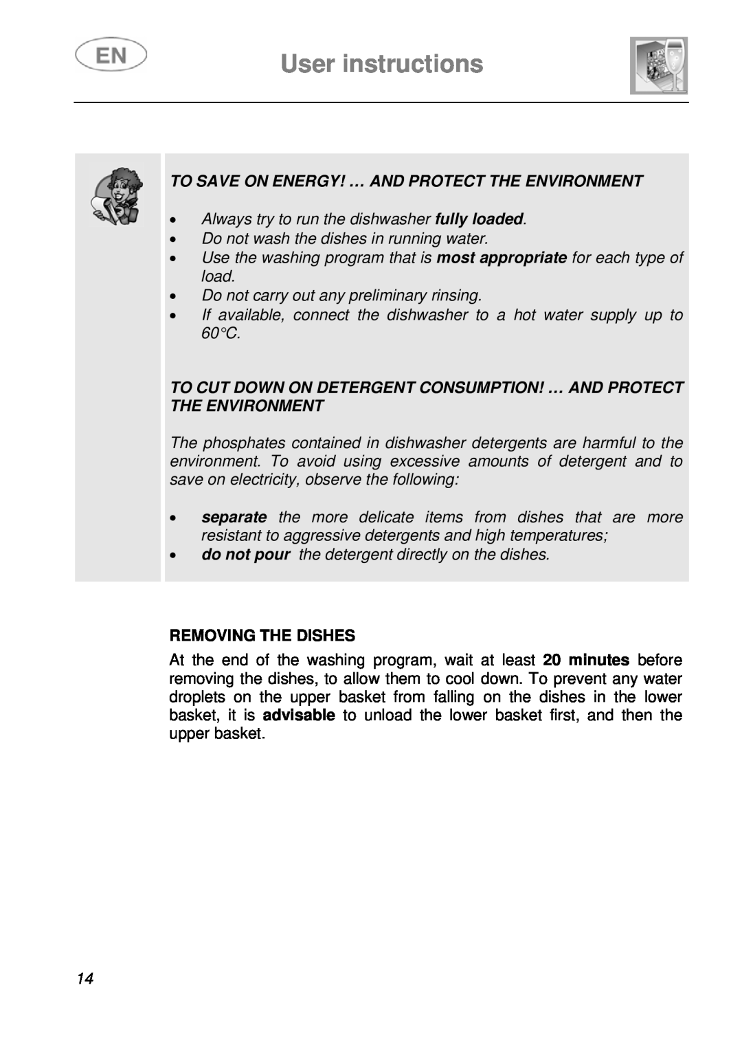 Smeg KLS55B instruction manual To Save On Energy! … And Protect The Environment, Removing The Dishes, User instructions 