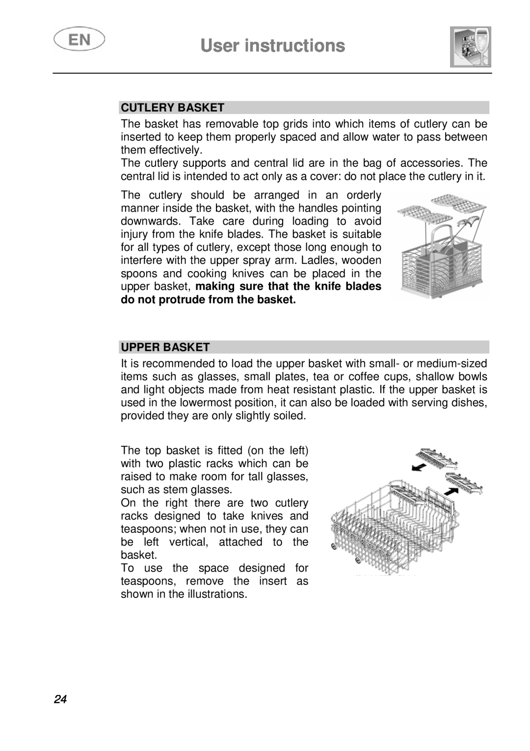 Smeg KLS55B instruction manual Cutlery Basket, Upper Basket, User instructions 