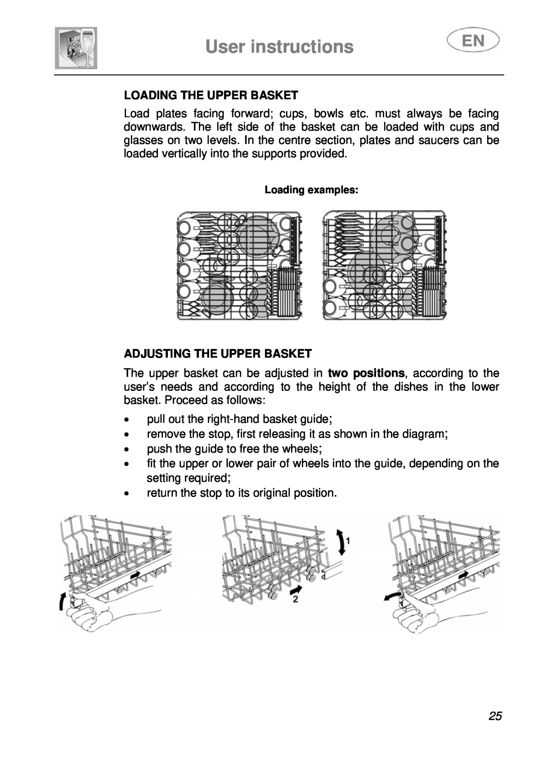 Smeg KLS55B instruction manual Loading The Upper Basket, Adjusting The Upper Basket, User instructions 