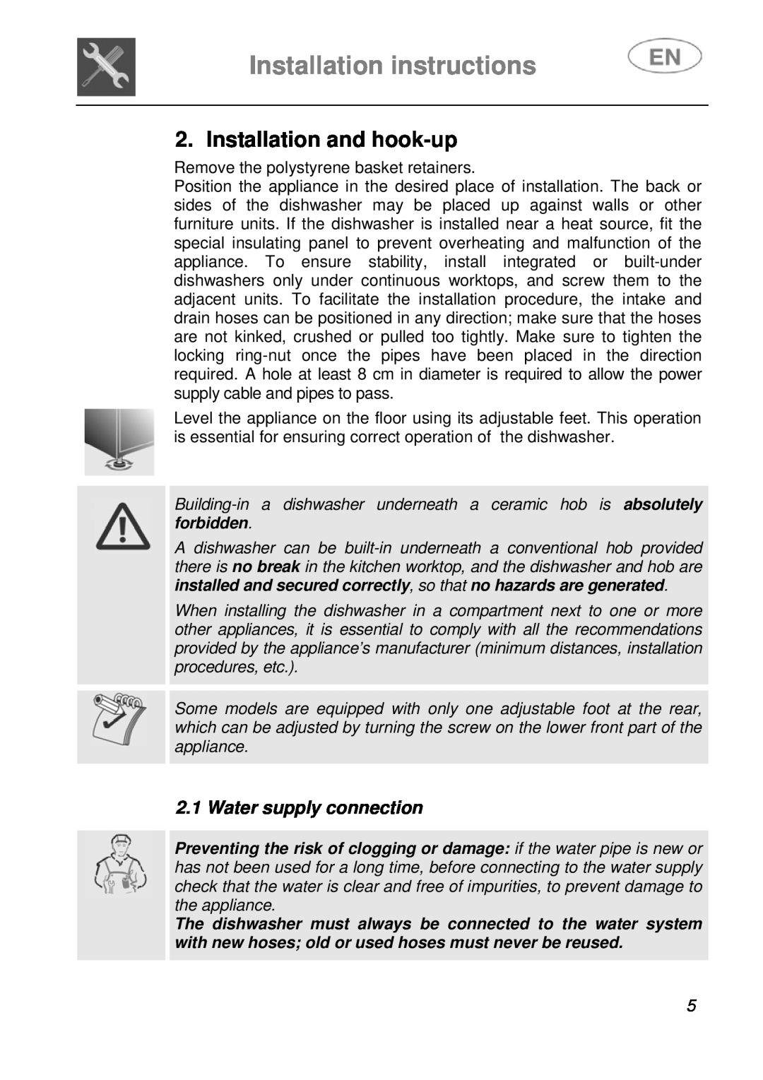 Smeg KLS55B instruction manual Installation instructions, Installation and hook-up, Water supply connection 