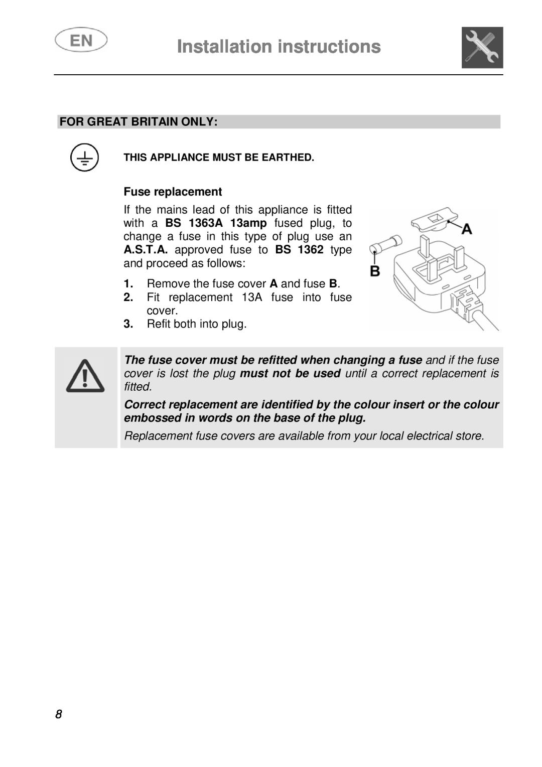 Smeg KLS55B instruction manual For Great Britain Only, Fuse replacement, Installation instructions 