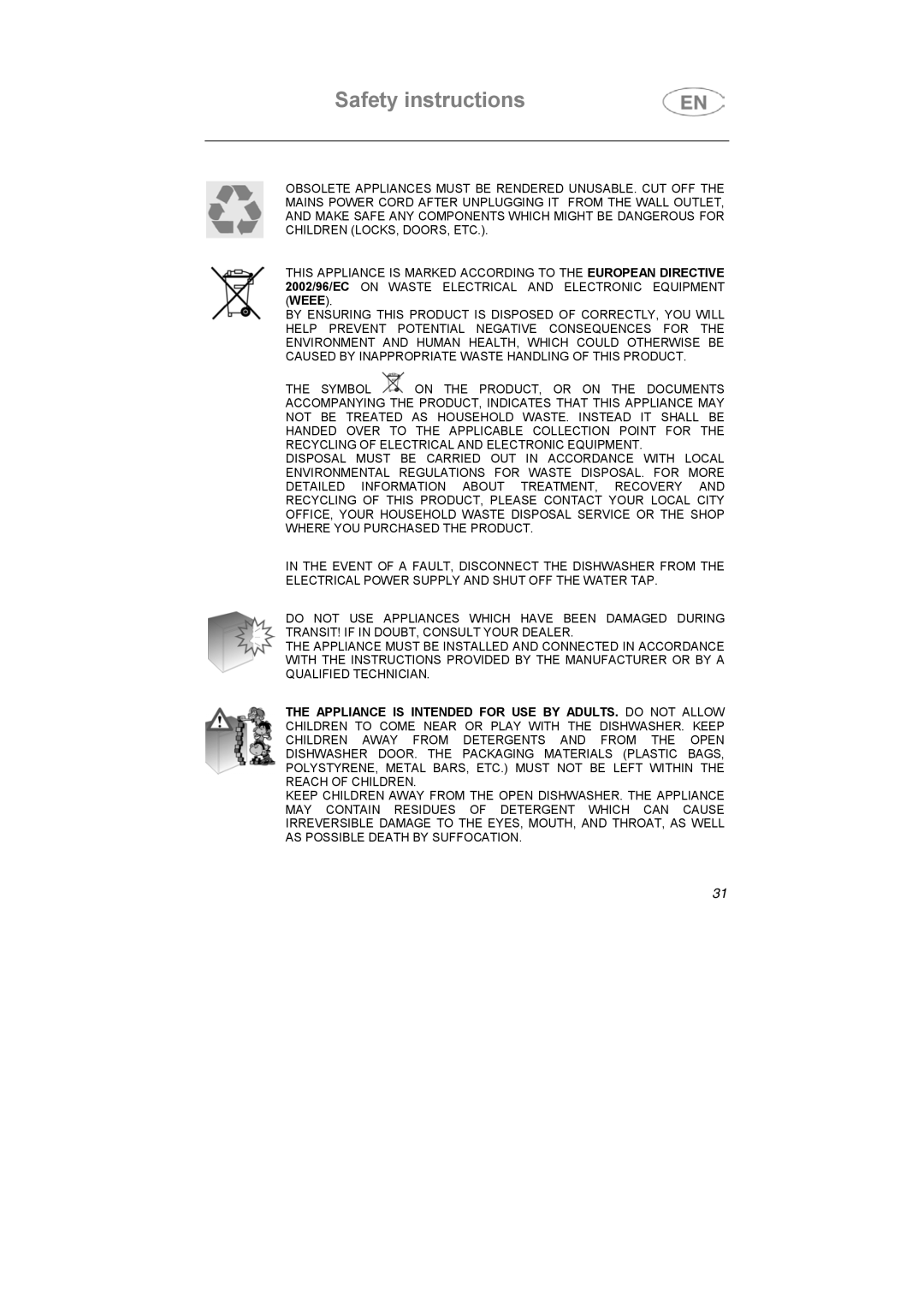 Smeg KLVS51NE, KLVS52X, KLVS50EB instruction manual Safety instructions 