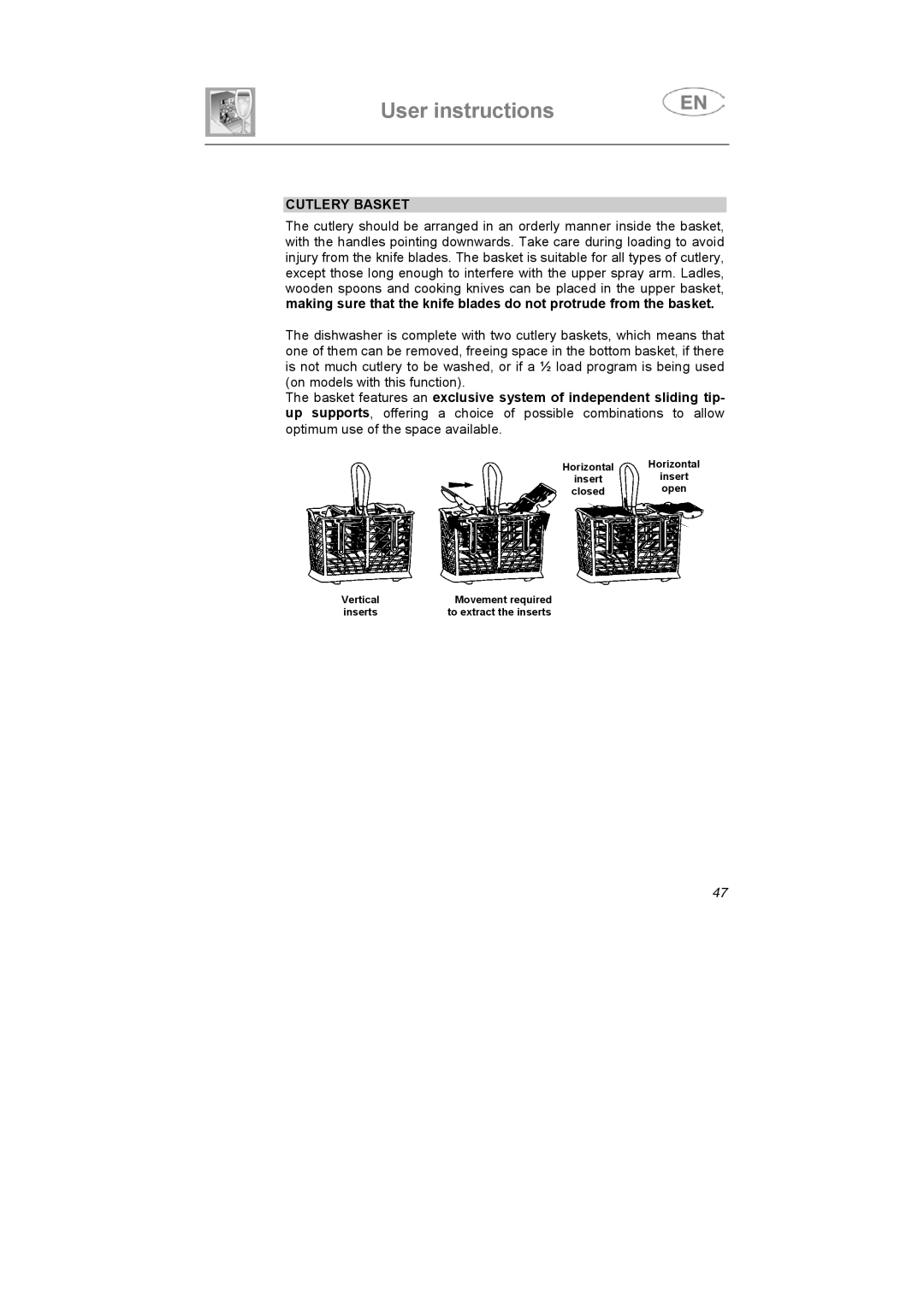 Smeg KLVS52X, KLVS50EB, KLVS51NE instruction manual Cutlery Basket 