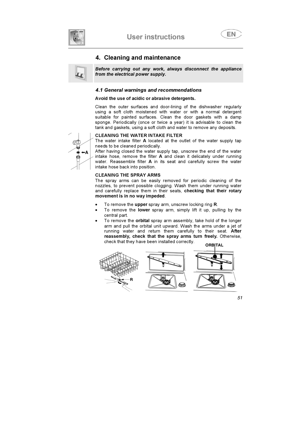 Smeg KLVS50EB, KLVS52X, KLVS51NE instruction manual Cleaning the Water Intake Filter, Cleaning the Spray Arms 