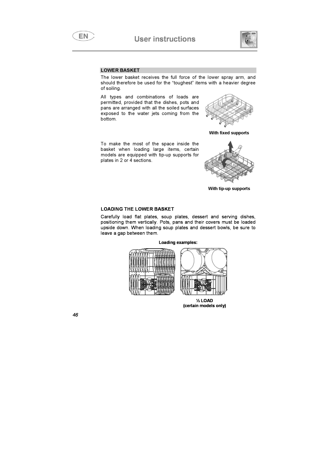 Smeg KLVS51NE, KLVS52X, KLVS50EB instruction manual User instructions, Loading The Lower Basket 