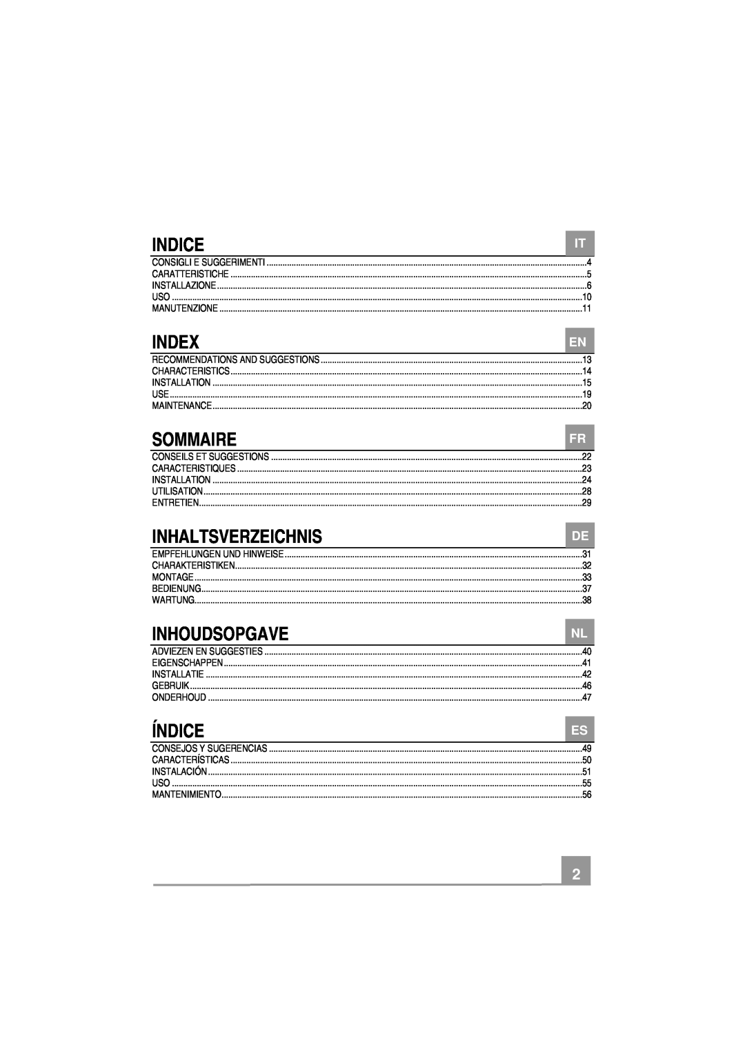 Smeg KR37X manual Indice, Index, Sommaire, Inhaltsverzeichnis, Inhoudsopgave, Índice 