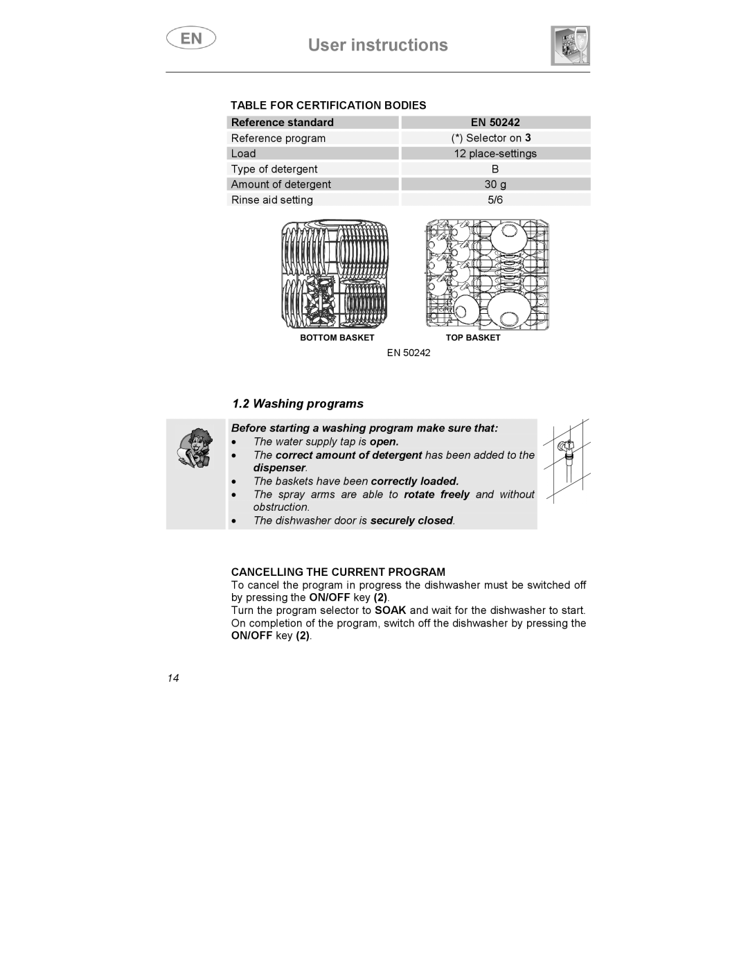 Smeg KS60-2, KS60-3T Washing programs, Table for Certification Bodies, Before starting a washing program make sure that 