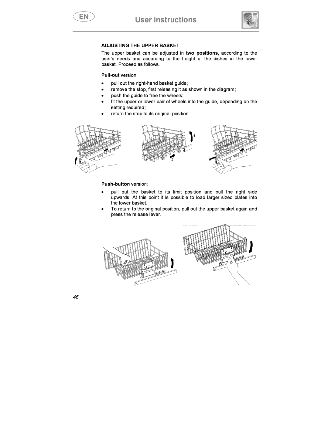 Smeg KS60-2, KS60-3T instruction manual User instructions, Adjusting The Upper Basket, Pull-out version, Push-button version 