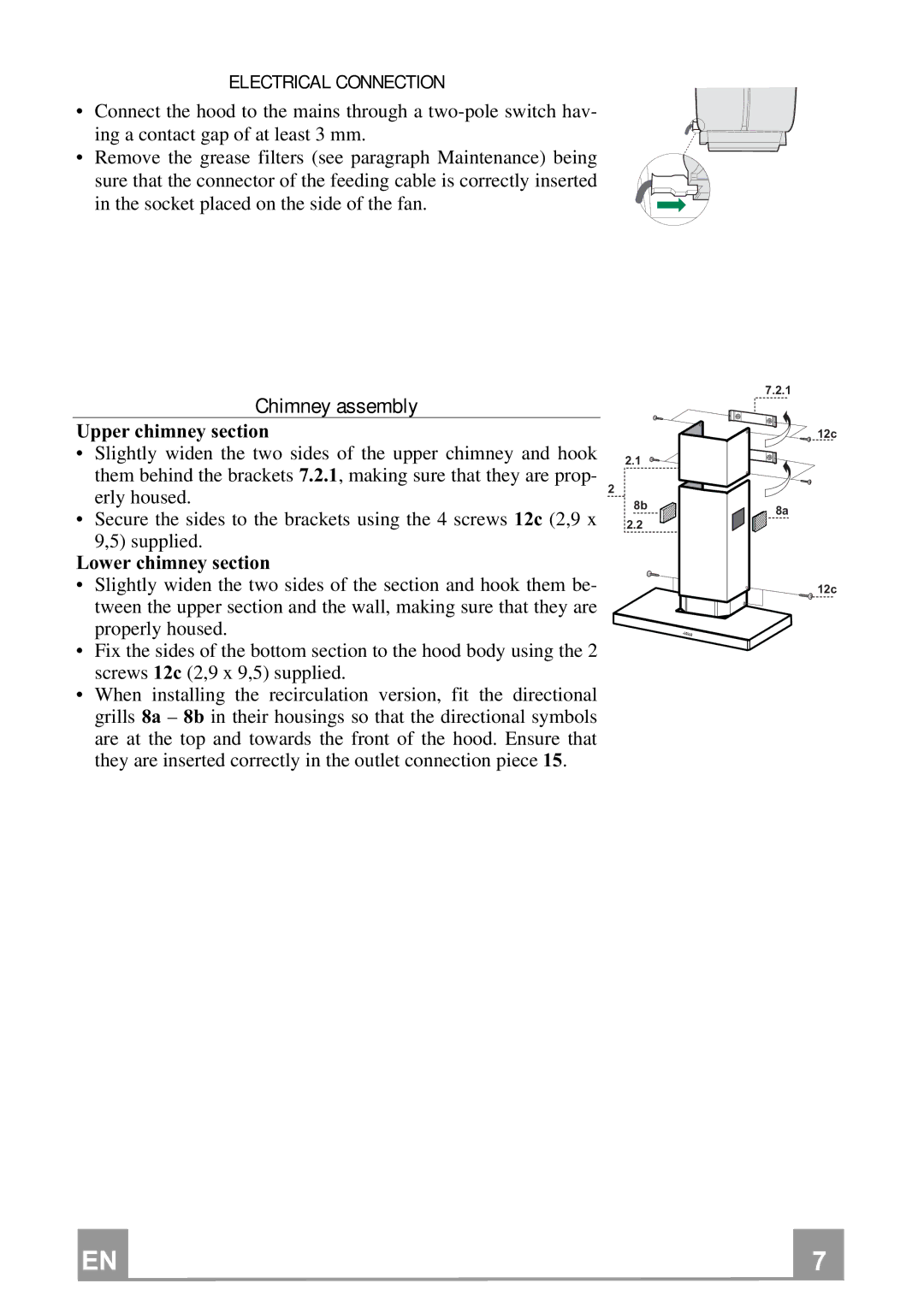 Smeg KSE90XT manual Chimney assembly, Electrical Connection 