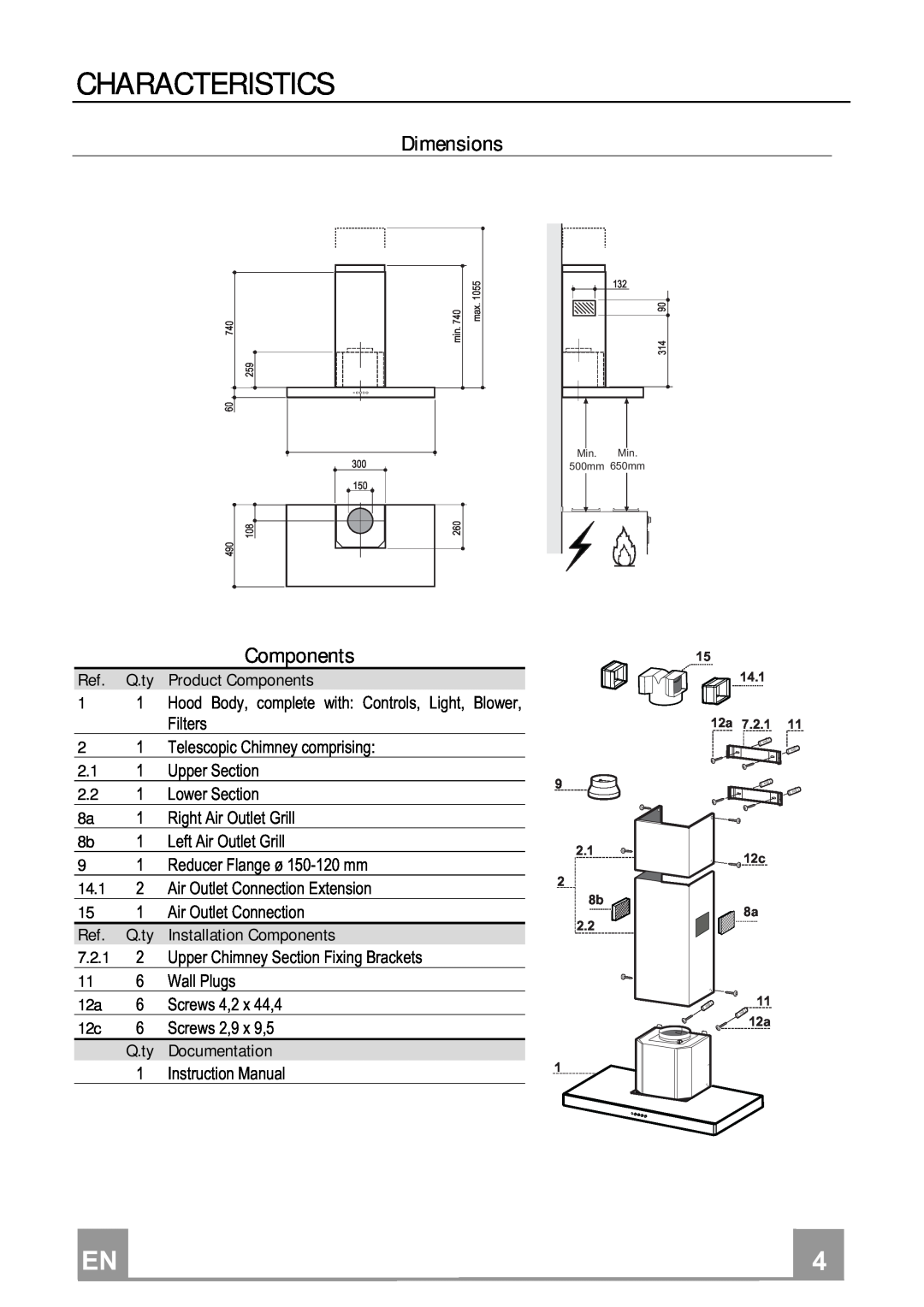 Smeg KSE90XT manual Characteristics, Dimensions, Ref. Q.ty Product Components, 14.1, Installation Components, 7.2.1 