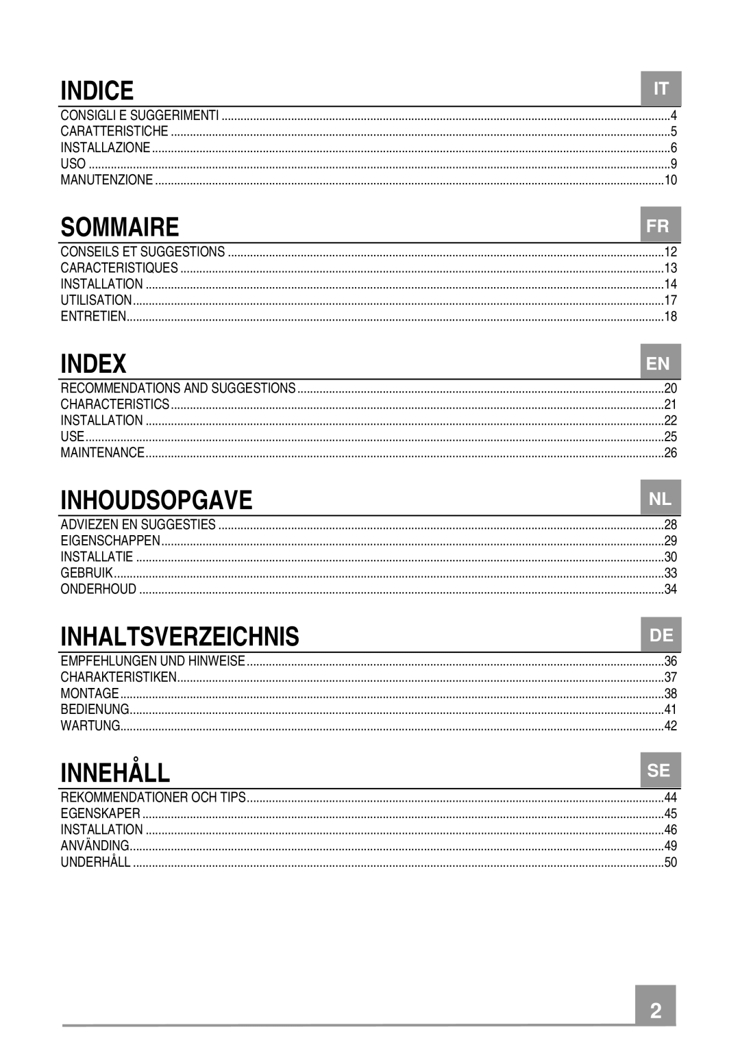 Smeg KSE912NX manual Indice, Sommaire, Index, Inhoudsopgave, Inhaltsverzeichnis, Innehåll 