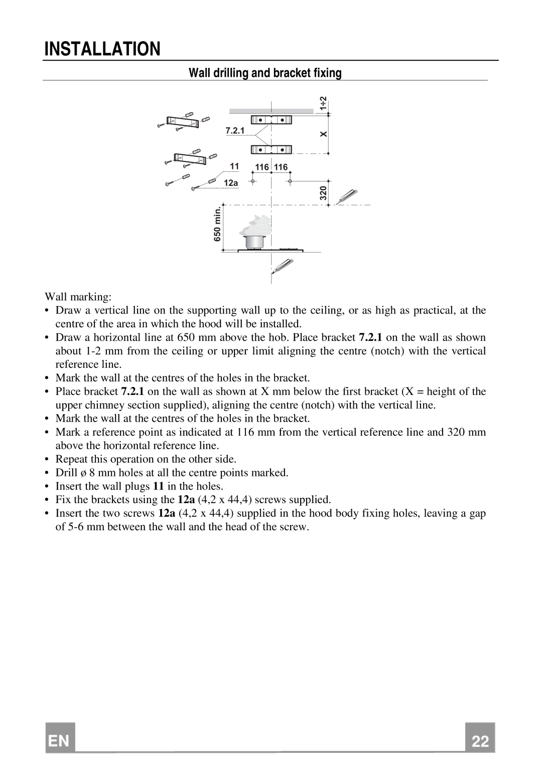 Smeg KSE912NX manual Installation, Wall drilling and bracket fixing 