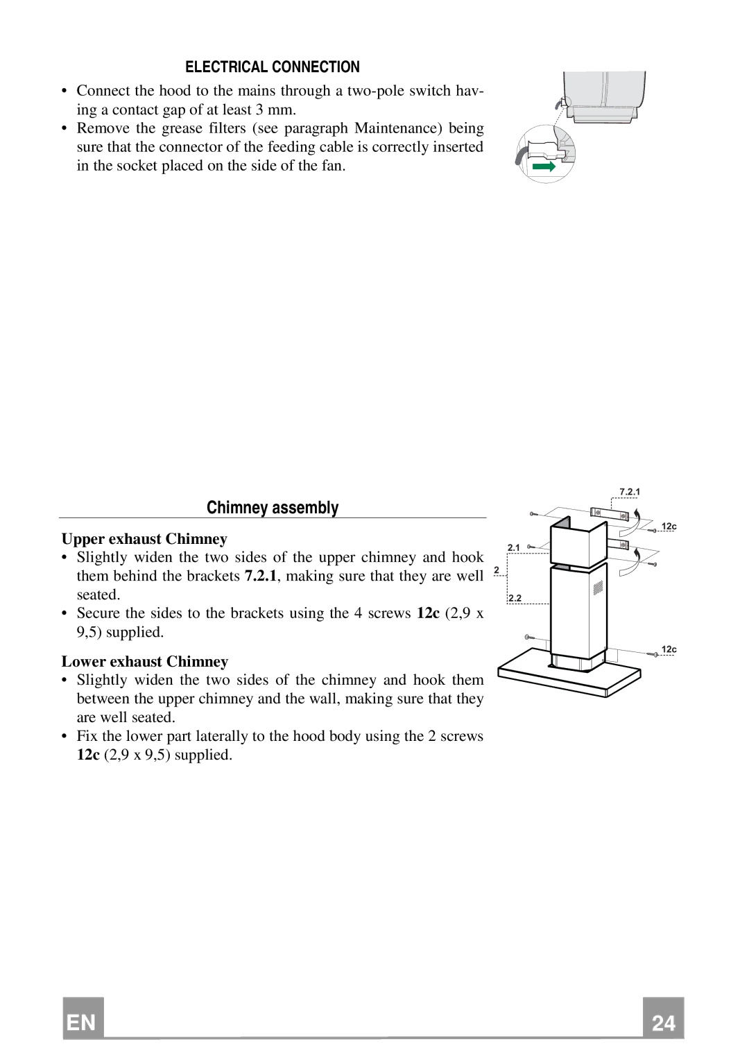 Smeg KSE912NX manual Chimney assembly, Electrical Connection, Upper exhaust Chimney, Lower exhaust Chimney 