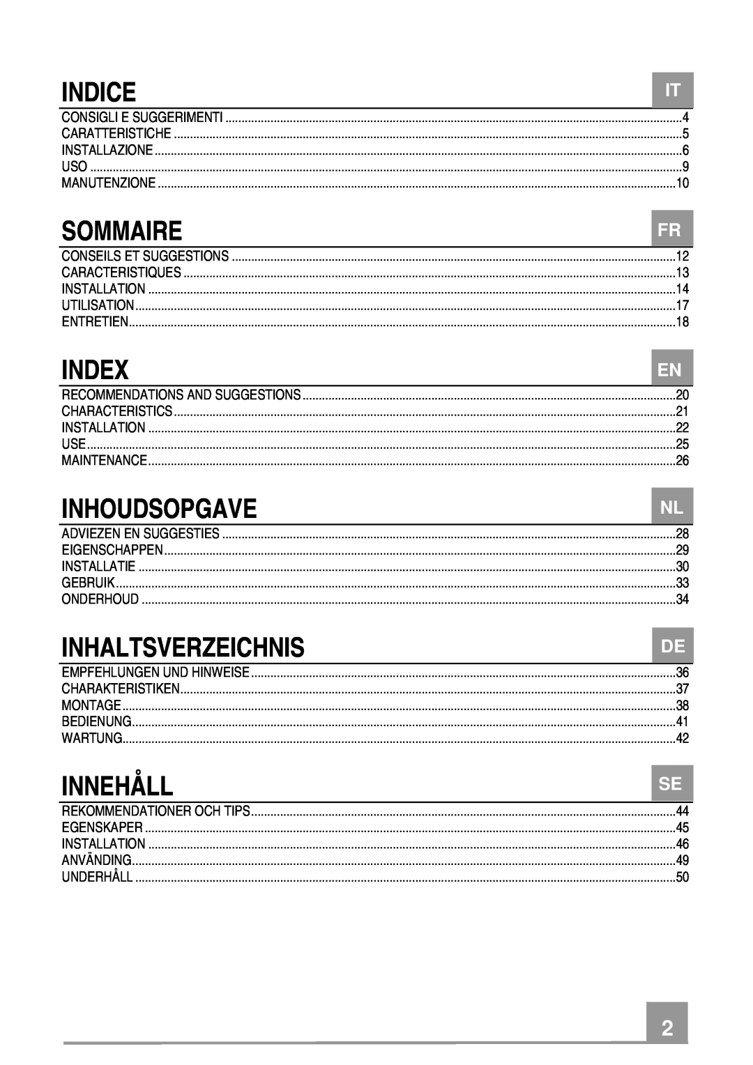 Smeg KSE912NX manual Indice, Sommaire, Index, Inhoudsopgave, Inhaltsverzeichnis, Innehåll 