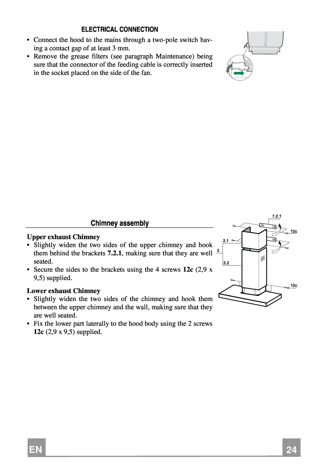 Smeg KSE912NX manual Chimney assembly, Electrical Connection, Upper exhaust Chimney, Lower exhaust Chimney, seated 