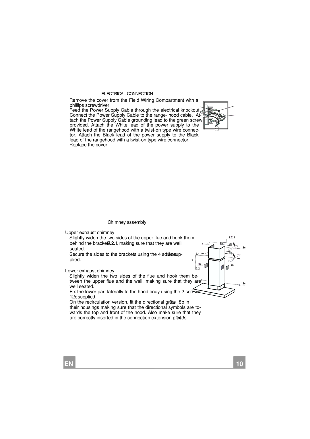 Smeg KSE912XU manual Chimney assembly, Electrical Connection, Upper exhaust chimney, Lower exhaust chimney 