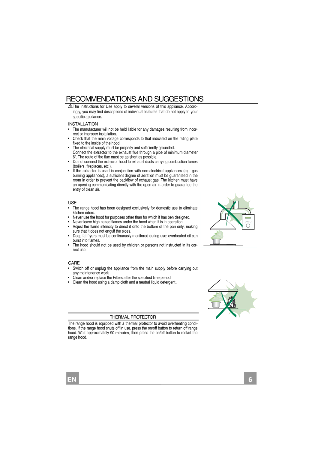 Smeg KSE912XU manual Recommendations and Suggestions, Installation, Use, Care, Thermal Protector 