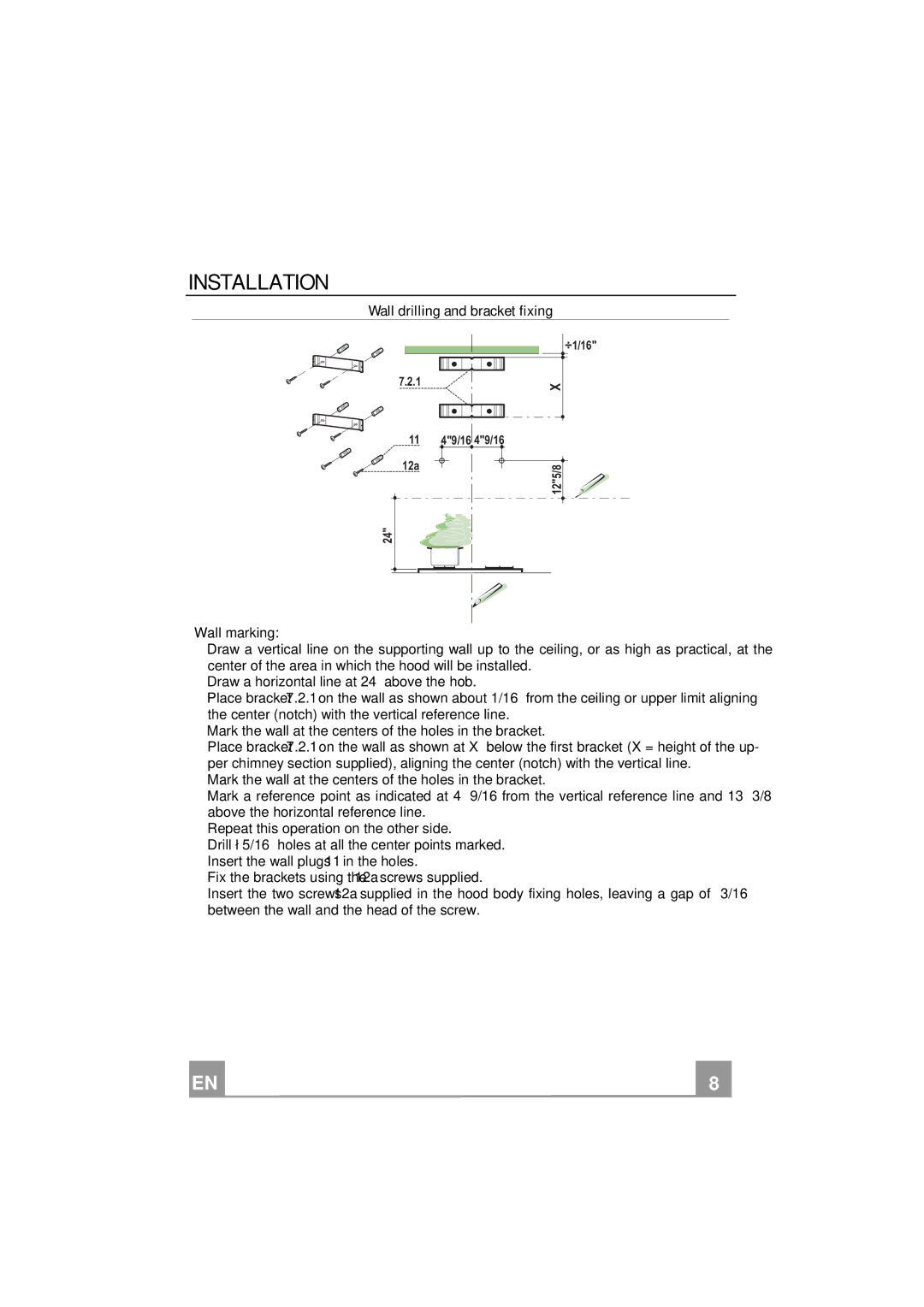 Smeg KSE912XU manual Installation, Wall drilling and bracket fixing 