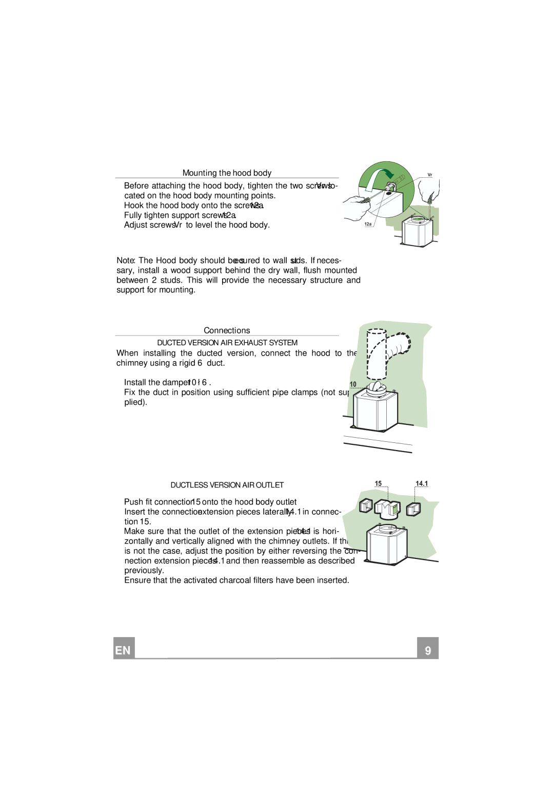 Smeg KSE912XU manual Mounting the hood body, Connections, Ducted Version AIR Exhaust System 