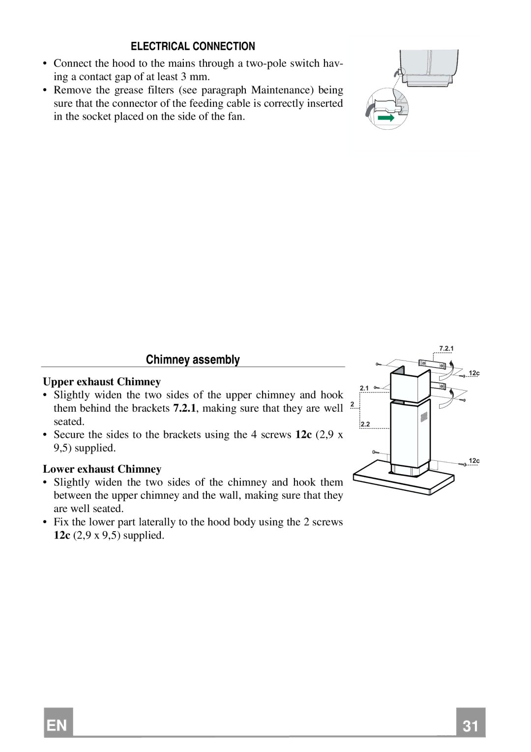 Smeg KSE951X, KSE912X manual Chimney assembly, Electrical Connection, Upper exhaust Chimney, Lower exhaust Chimney 