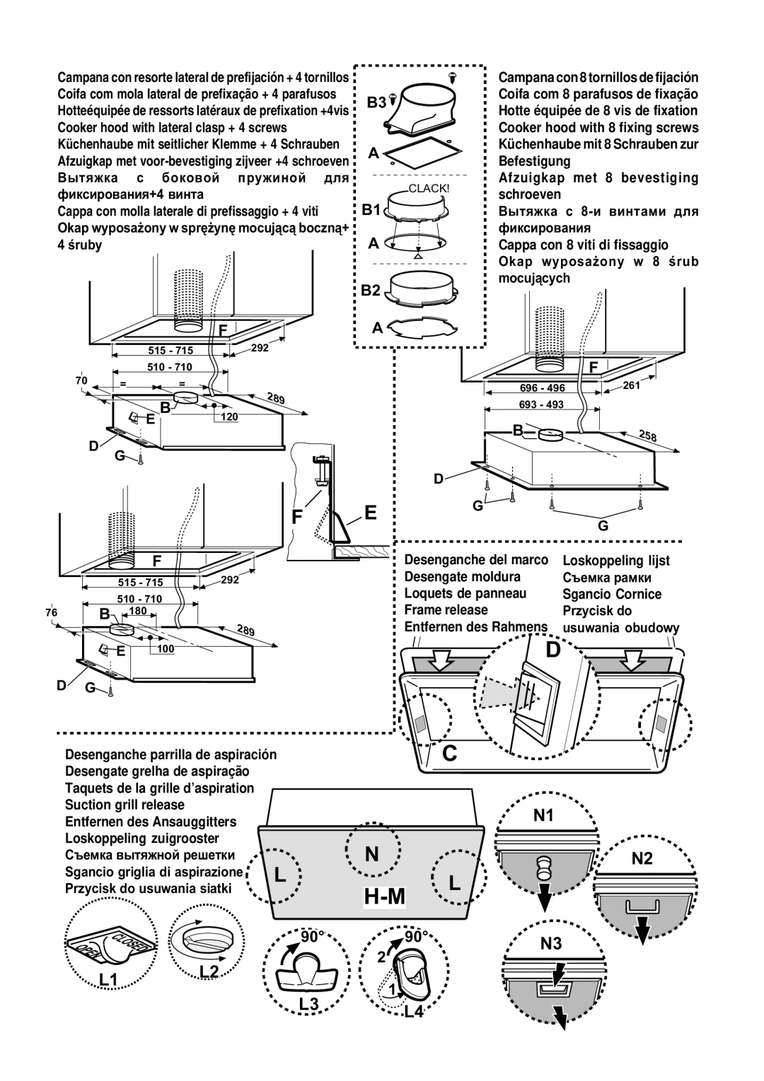 Smeg KSEG50 manual Cooker hood with lateral clasp + 4 screws, Befestigung Âûòÿæêà Áîêîâîé Ïðóæèíîé äëÿ, Afzuigkap met 