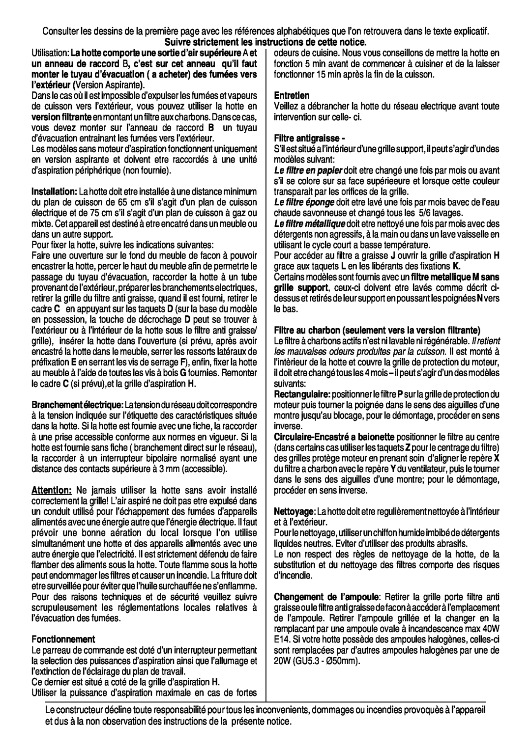 Smeg KSEG50 manual Fonctionnement, Entretien, Filtre antigraisse 