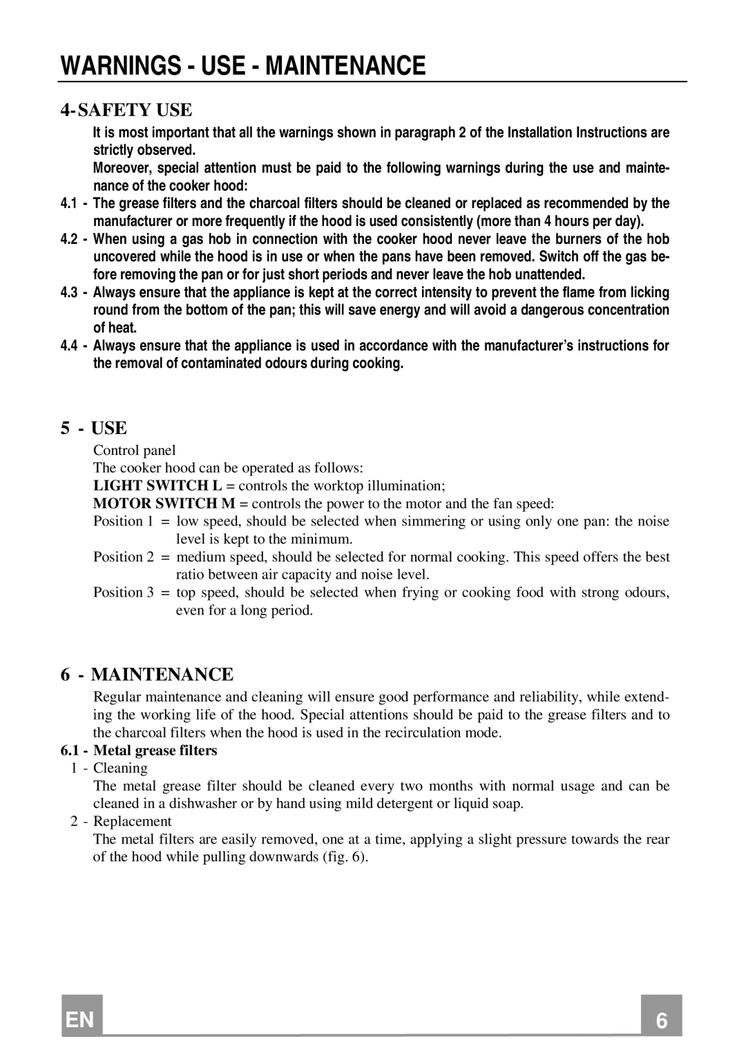 Smeg KSEG51 manual Safety USE, Maintenance, Metal grease filters 