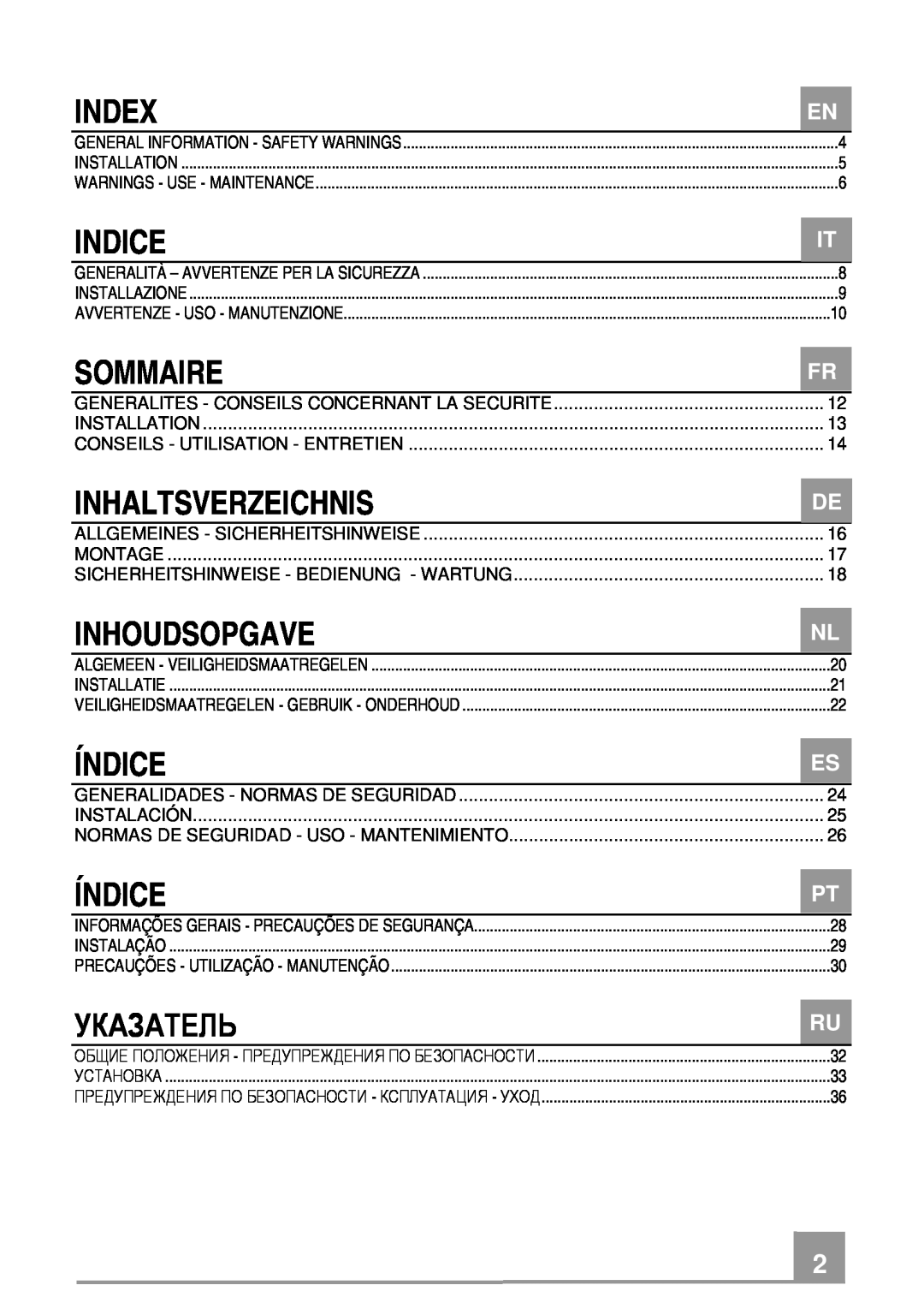 Smeg KSEG51 manual Index, Indice, Sommaire, Inhaltsverzeichnis, Inhoudsopgave, Índice, Указатель 
