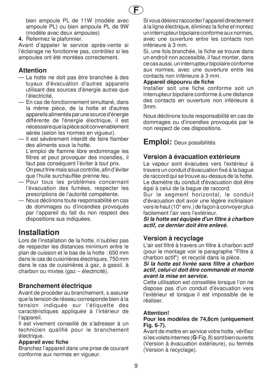 Smeg KSEG55, KSEG52 manual Installation, Branchement électrique, Version à évacuation extérieure, Version à recyclage 