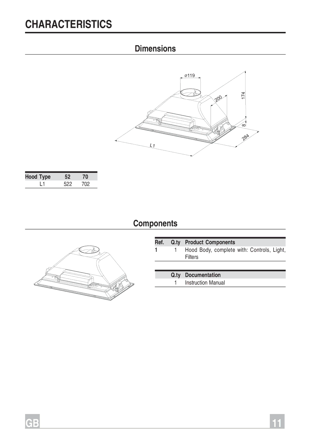 Smeg KSEG56X, KSEG76X instruction manual Characteristics, Dimensions, Components 