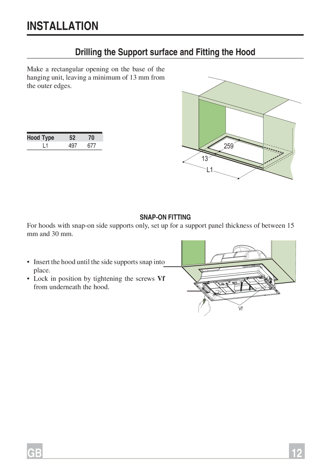 Smeg KSEG76X, KSEG56X instruction manual Installation, Drilling the Support surface and Fitting the Hood, SNAP-ON Fitting 