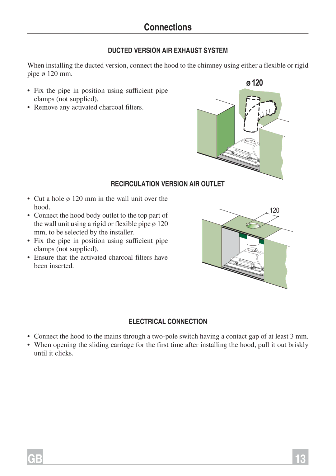 Smeg KSEG56X Connections, Ducted Version AIR Exhaust System, Recirculation Version AIR Outlet, Electrical Connection 