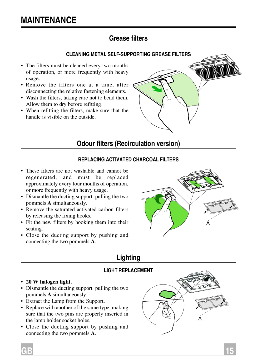 Smeg KSEG56X, KSEG76X instruction manual Maintenance, Grease filters, Odour filters Recirculation version, Lighting 