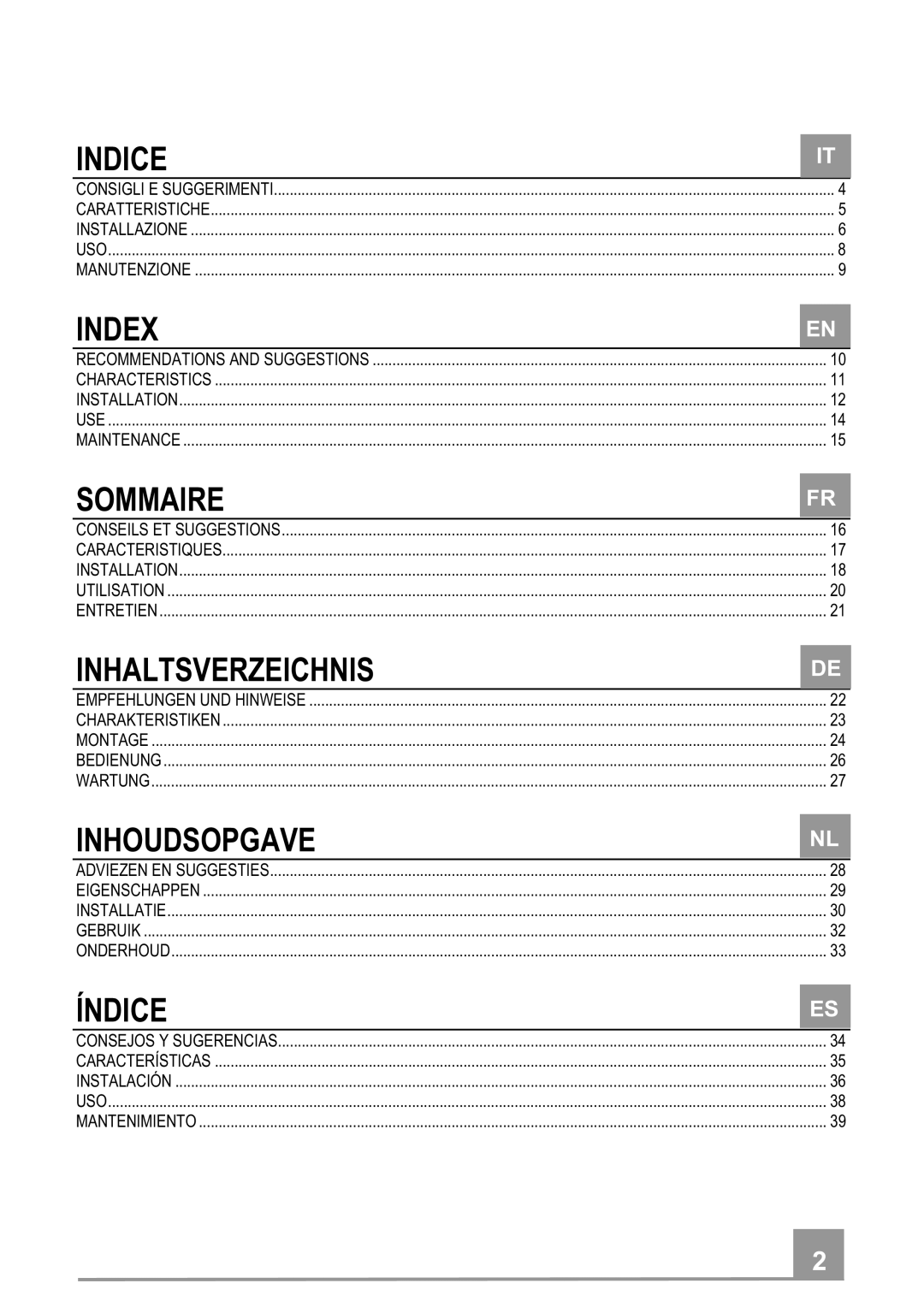 Smeg KSEG5X, KSEG7X manual Indice, Index, Sommaire, Inhaltsverzeichnis, Inhoudsopgave, Índice 