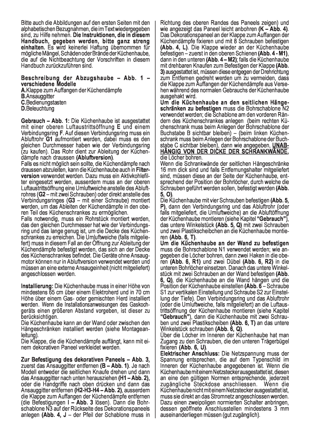 Smeg KSEI60S manual Beschreibung der Abzugshaube - Abb. 1 - verschiedene Modelle 