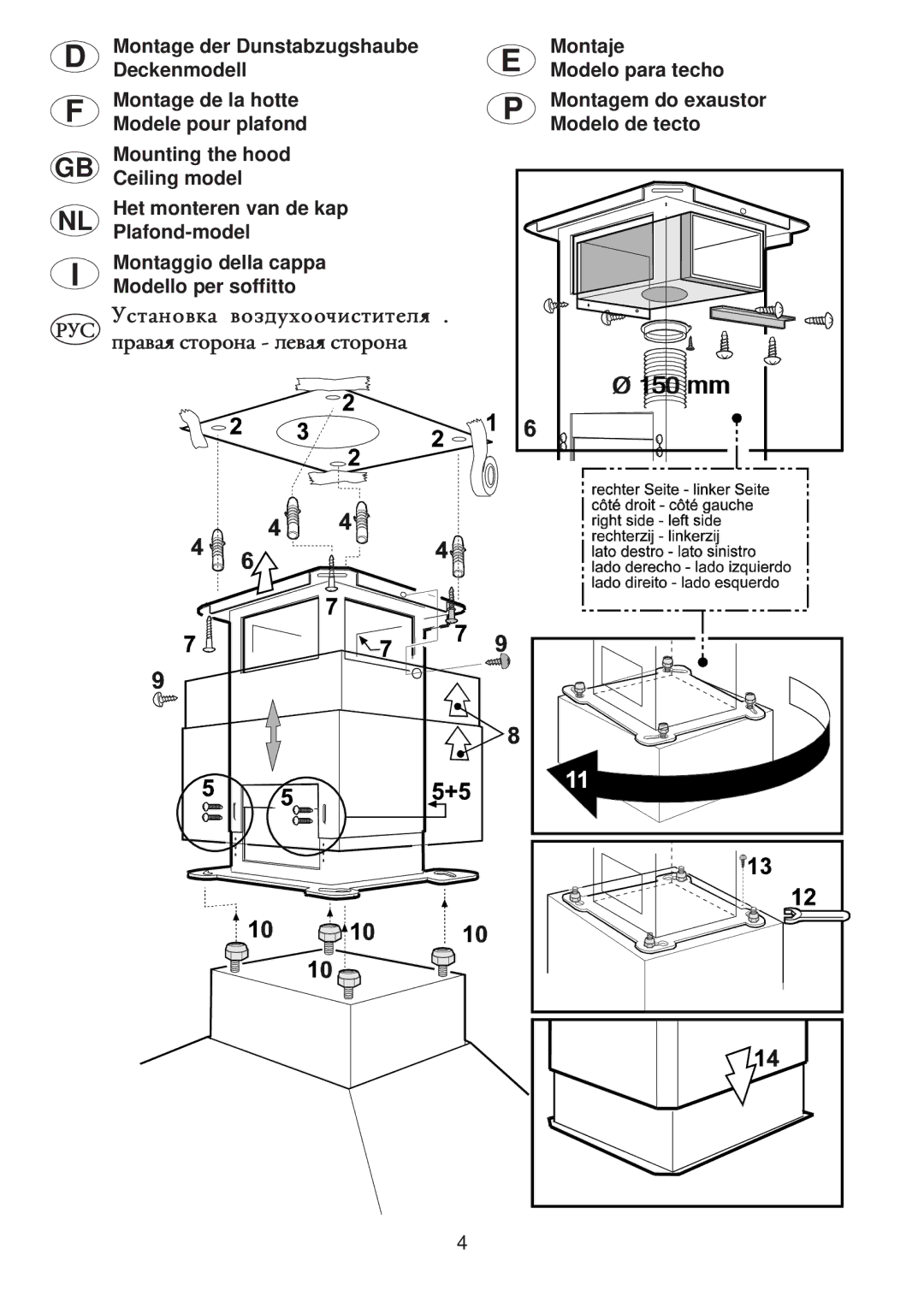 Smeg KSEIL90X1 manual Montage der Dunstabzugshaube, Deckenmodell, Modele pour plafond, Mounting the hood, Ceiling model 