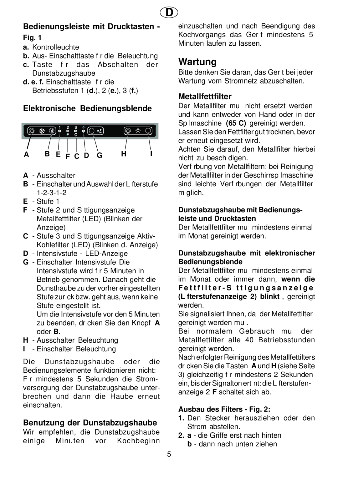 Smeg KSEIL90X1 Wartung, Bedienungsleiste mit Drucktasten, Elektronische Bedienungsblende, Benutzung der Dunstabzugshaube 