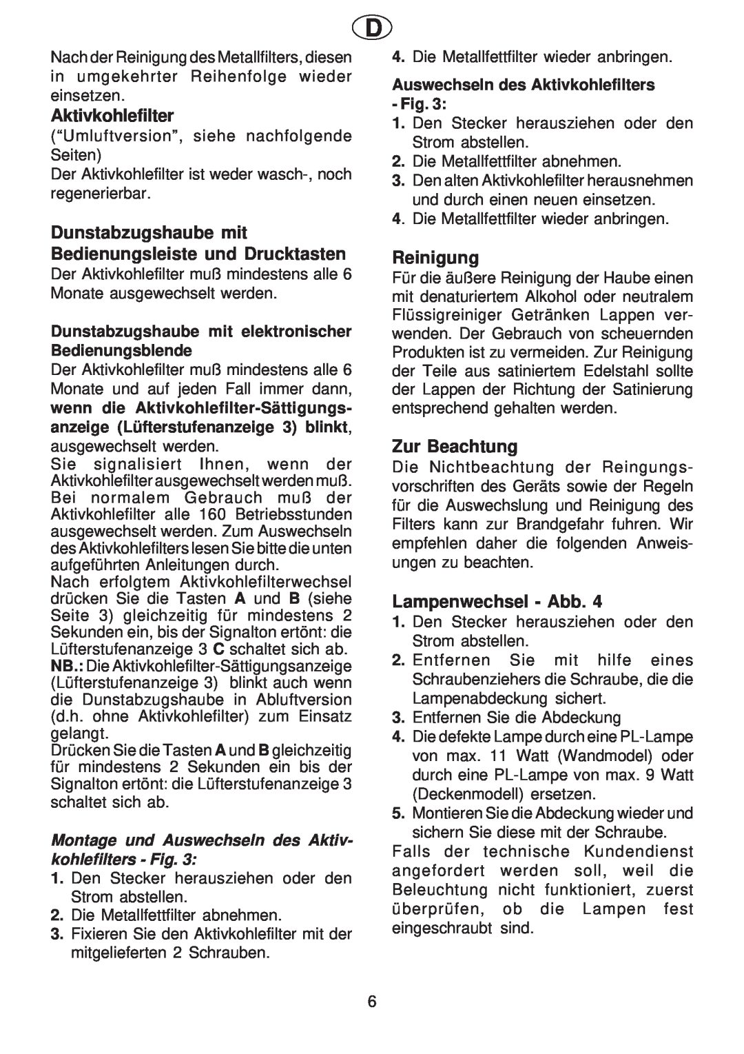 Smeg KSEIL90X1 manual Reinigung, Zur Beachtung, Lampenwechsel - Abb, Auswechseln des Aktivkohlefilters - Fig 