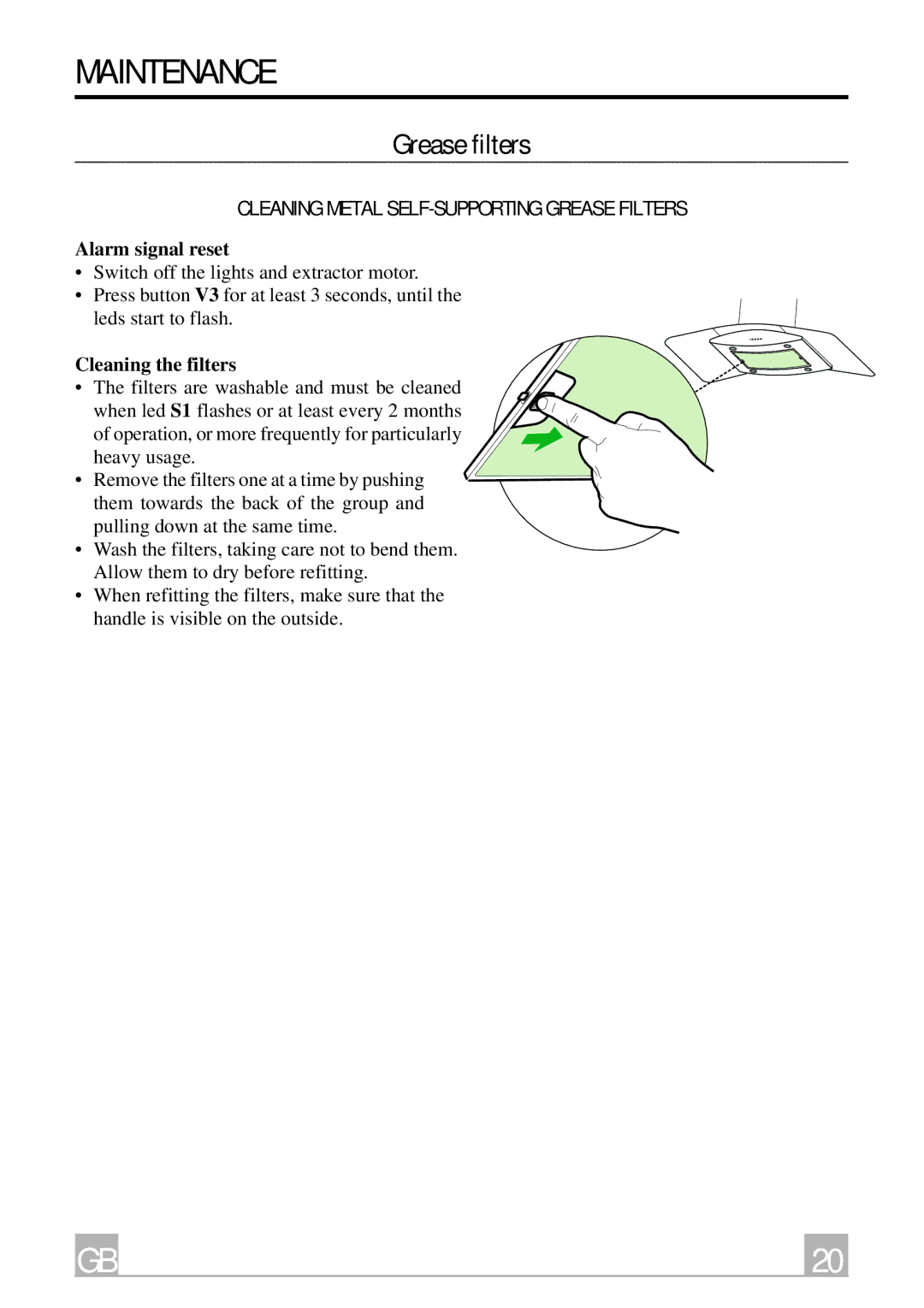 Smeg KSEIV96X Maintenance, Grease filters, Cleaning Metal SELF-SUPPORTING Grease Filters, Alarm signal reset 