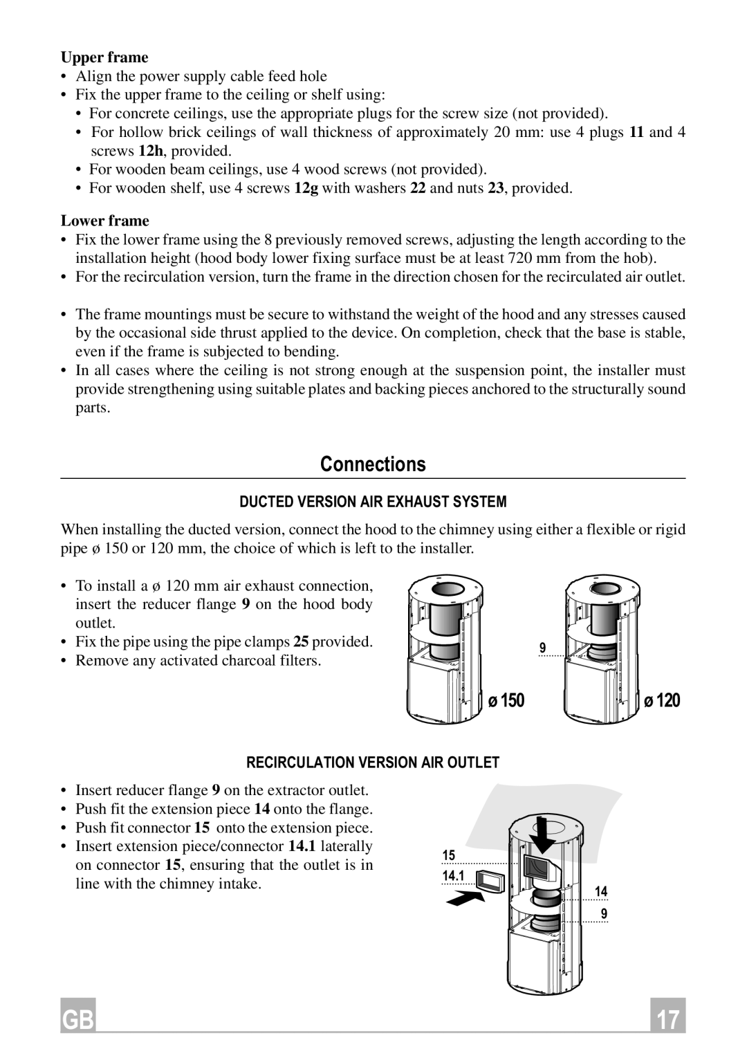 Smeg KSEIV96X Connections, Upper frame, Lower frame, Ducted Version AIR Exhaust System, Recirculation Version AIR Outlet 