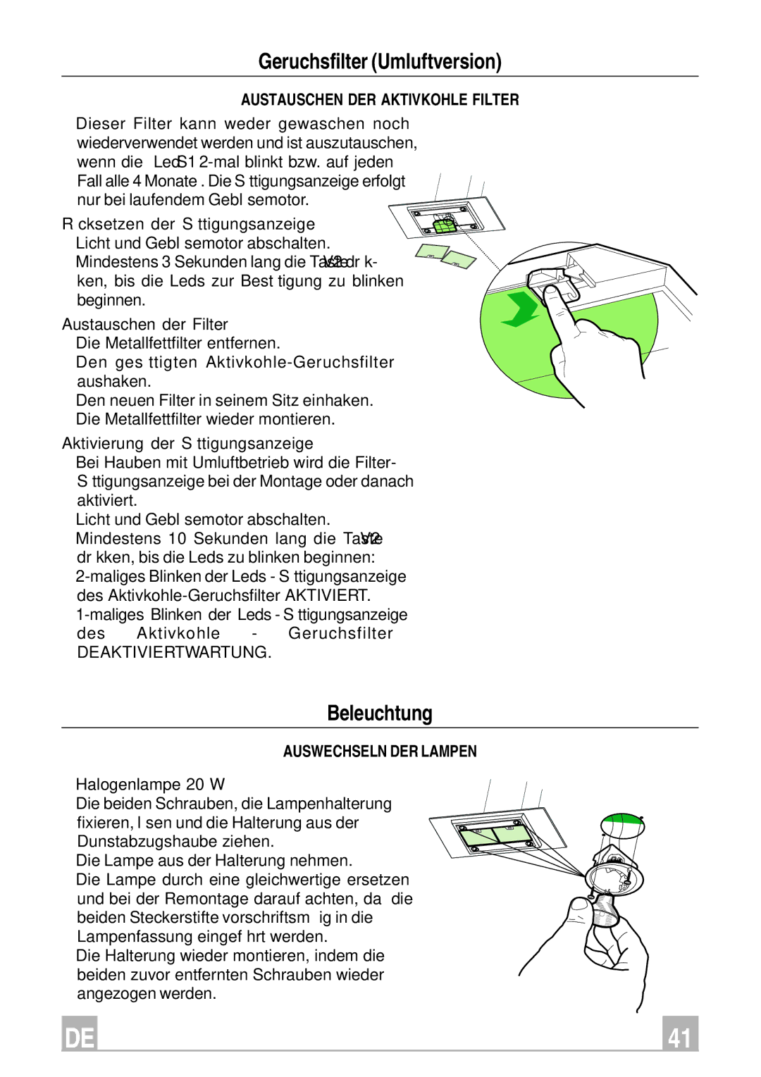 Smeg KSEIV97X Geruchsfilter Umluftversion, Beleuchtung, Austauschen DER Aktivkohle Filter, Auswechseln DER Lampen 