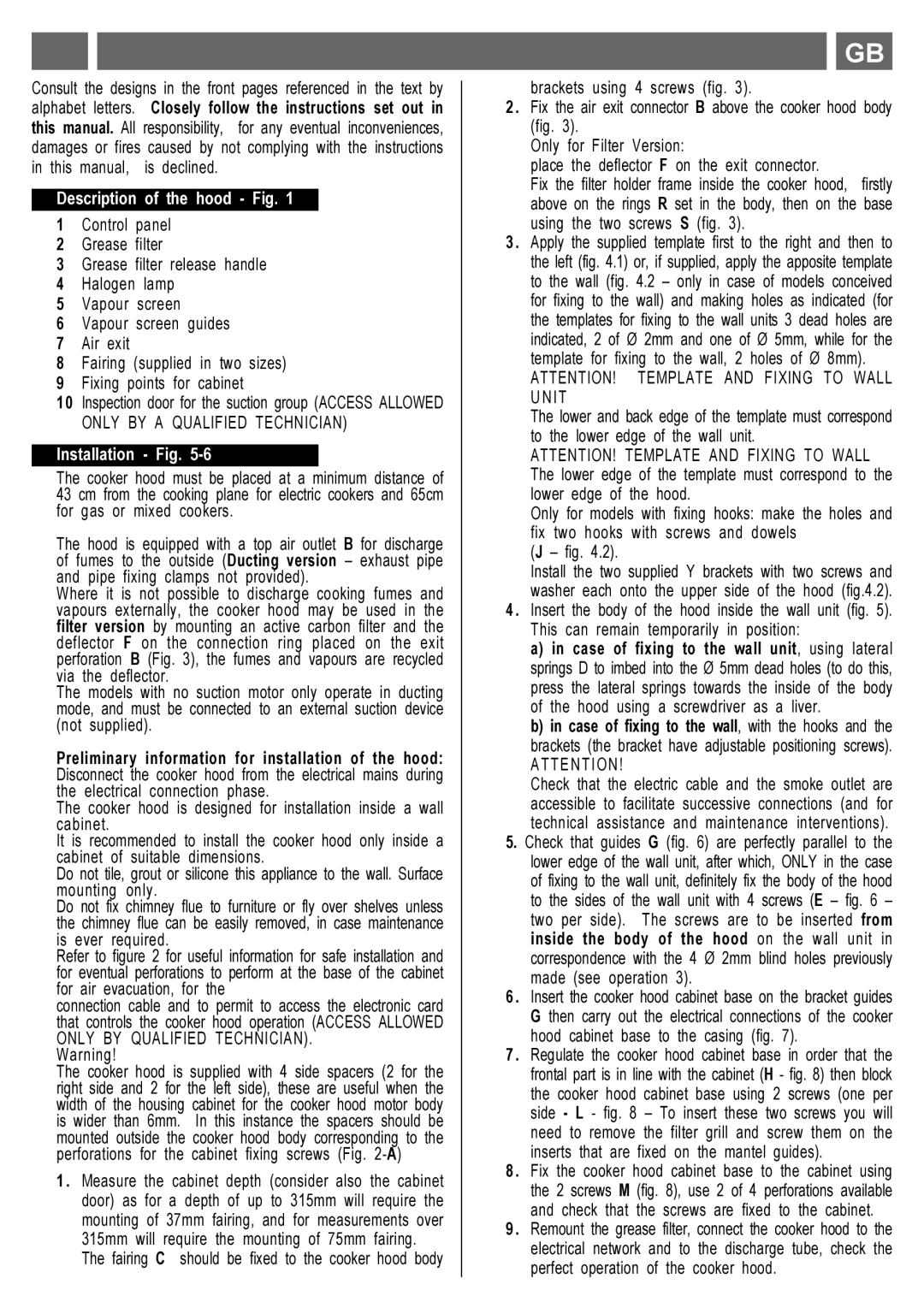 Smeg KSET650X Instruction on Mounting and USE, Alphabet letters. Closely follow the instructions set out, Installation Fig 