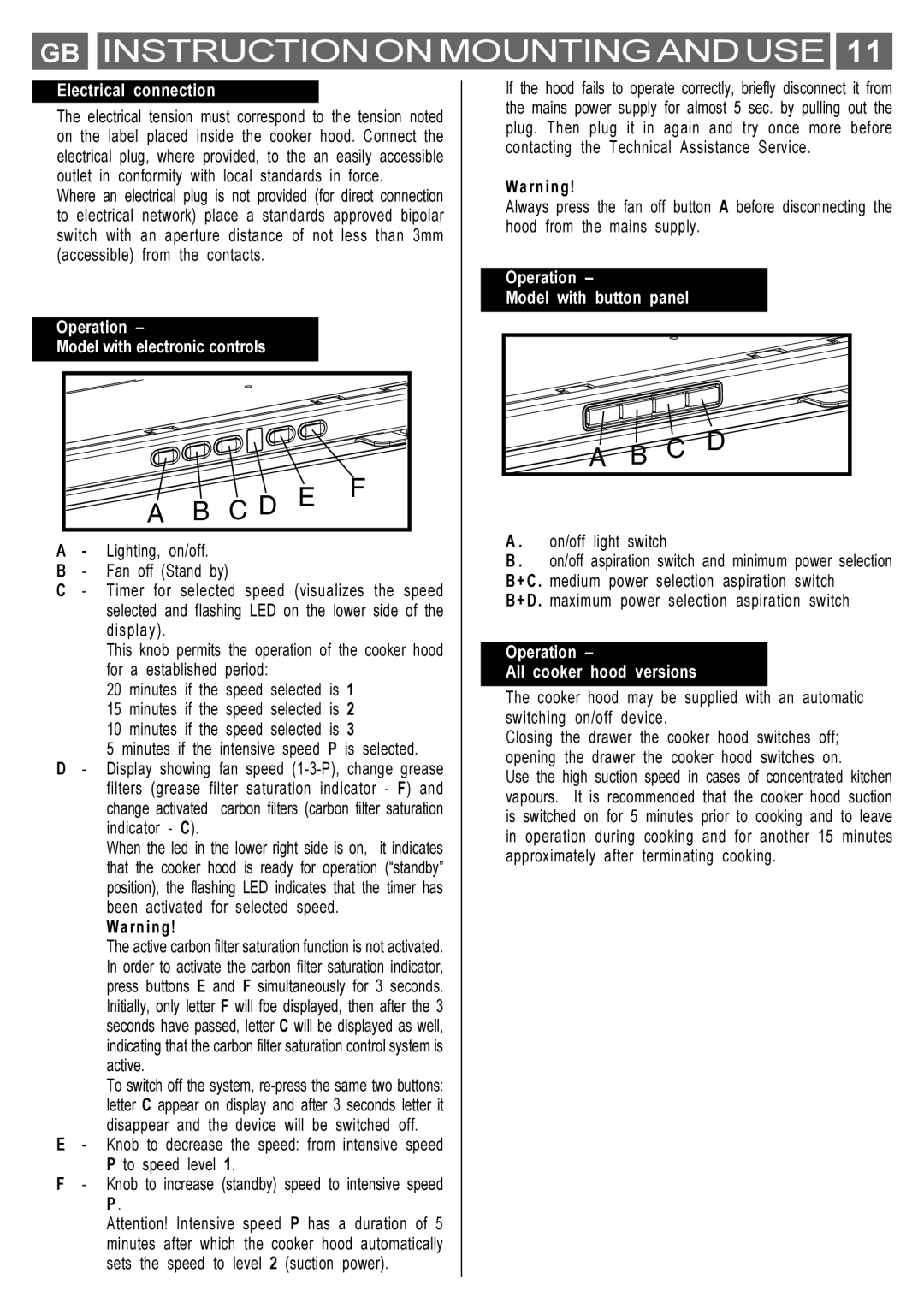 Smeg KSET650X manual GB Instruction on Mounting and USE, Electrical connection, Operation Model with electronic controls 