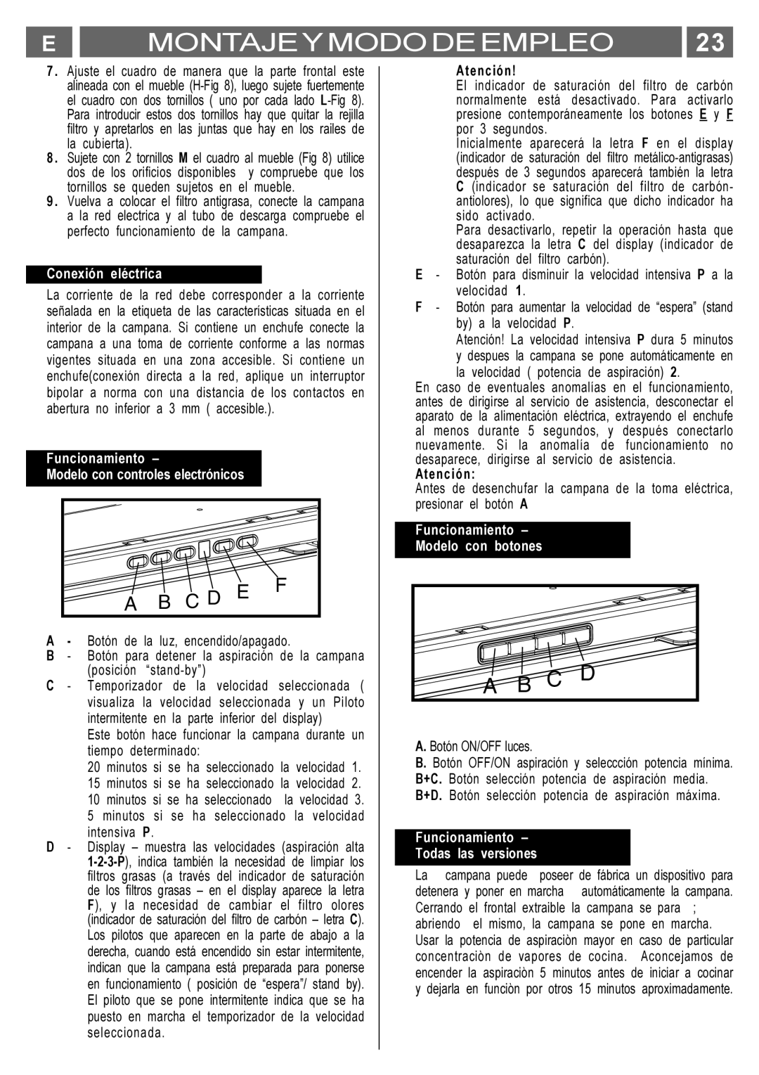 Smeg KSET650X manual Montajey Modo DE Empleo, Conexión eléctrica, Funcionamiento Modelo con controles electrónicos 