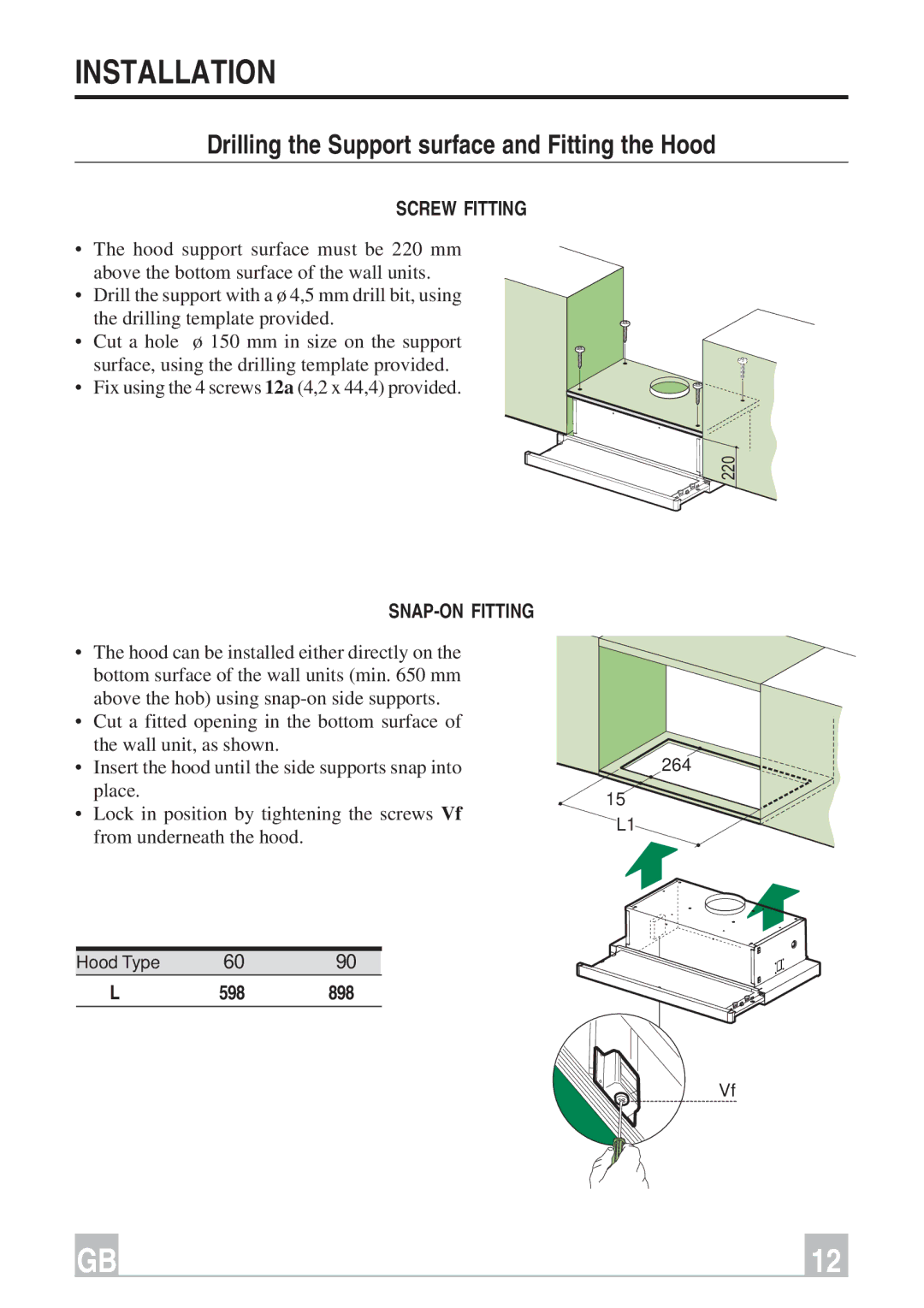 Smeg KSET66, KSET96 Installation, Drilling the Support surface and Fitting the Hood, Screw Fitting, SNAP-ON Fitting 