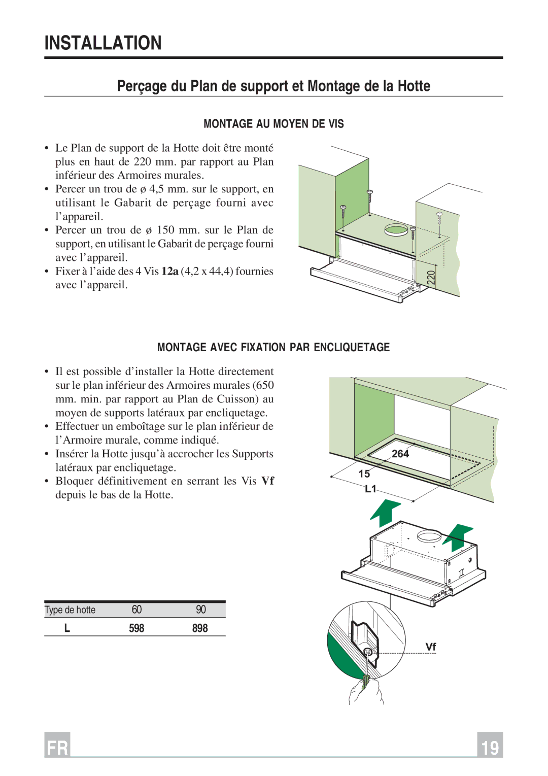 Smeg KSET96, KSET66 instruction manual Perçage du Plan de support et Montage de la Hotte, Montage AU Moyen DE VIS 